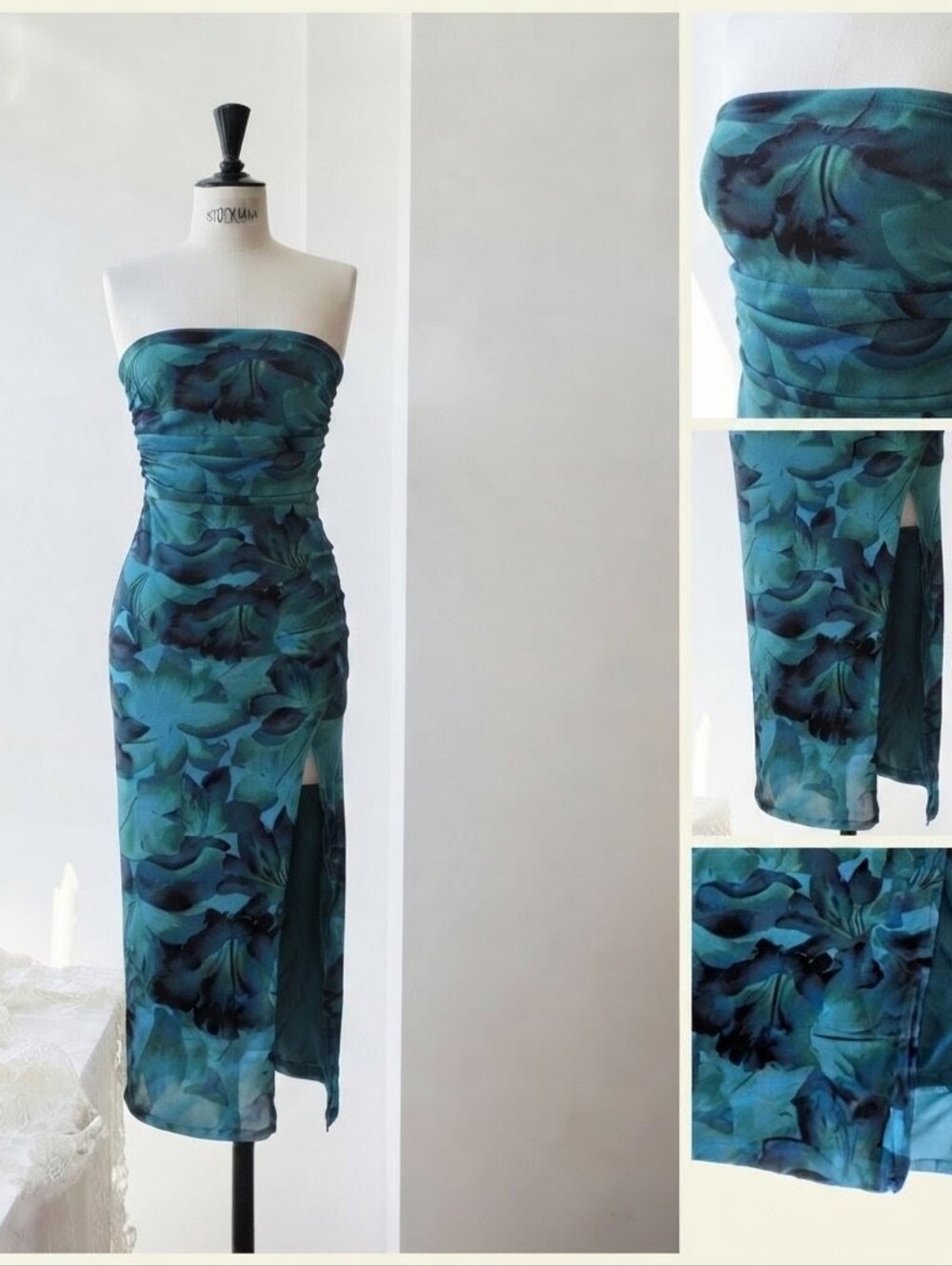 Strapless Teal Floral Sheath Dress